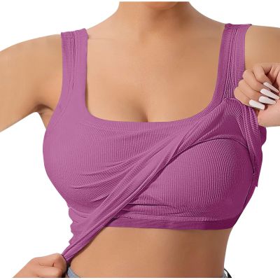 Basic Solid Square Neck Tank Top - Ribbed Vest Top with Removable Chest Pad,Cotton Undershirts Athletic Camisole Tops Purple