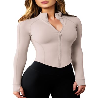 AVGO Light Jackets for Women Long Sleeve Workout Jacket Crop Zip Up Jacket Yoga Athletic Tops Sports Clothes 2024(Almond,M), Medium
