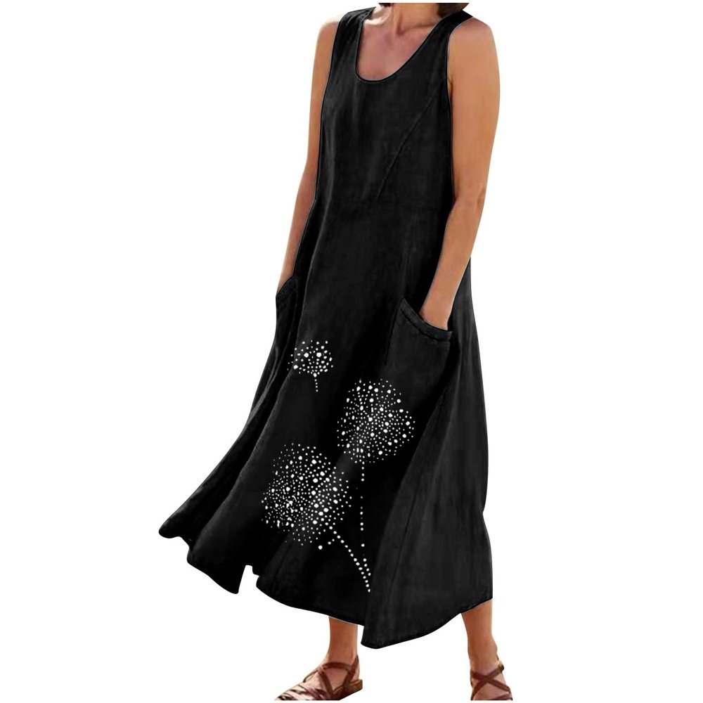 Summer Dresses for Women 2024 Linen Sleeveless Dress Baggy Flowy Maxi Dresses Plus Size Loose Sundress with Pockets