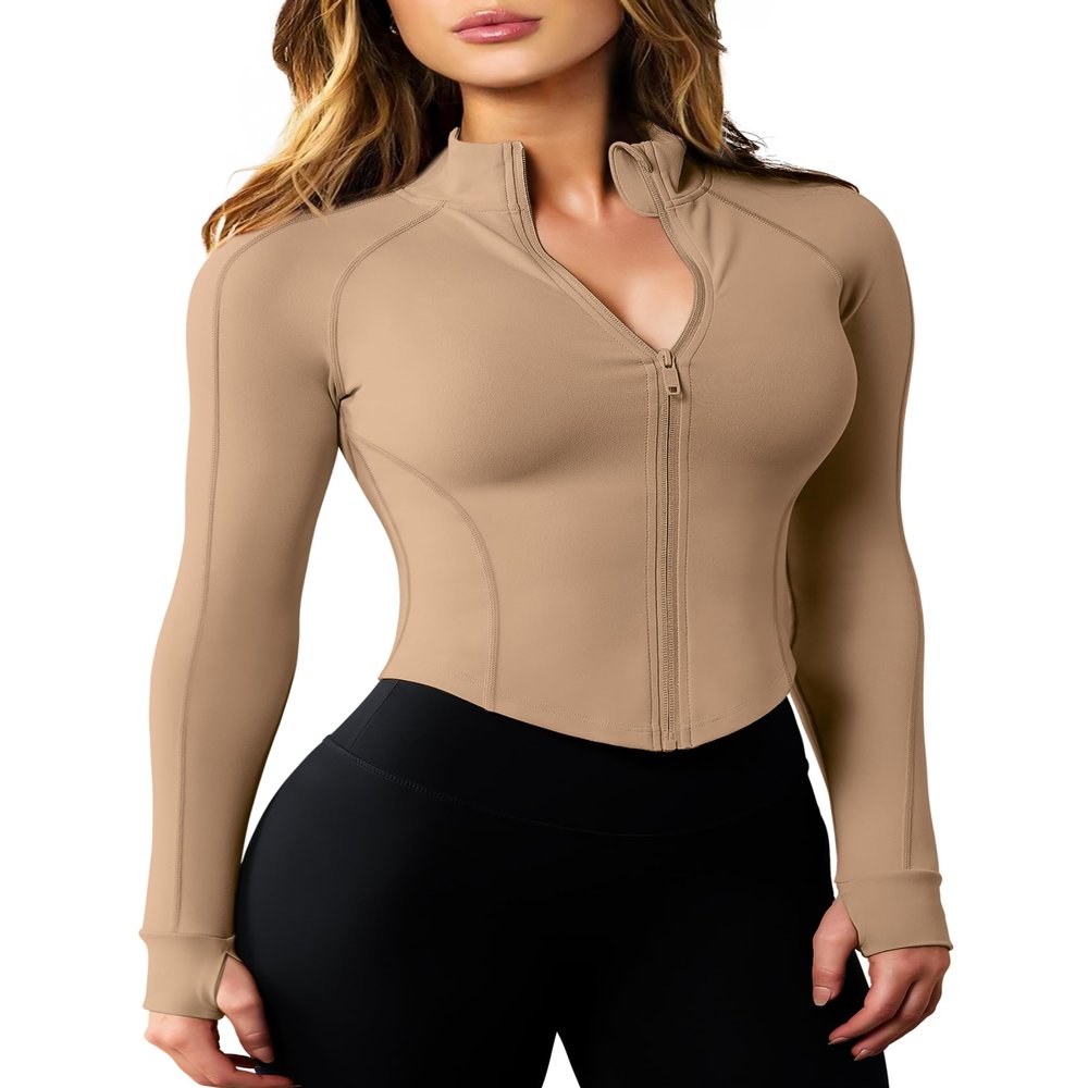 AVGO Jackets for Women Zip Up Long Sleeve Workout Tops Tight Athletic Jacket Women with Thumb Holes(Cream Coffee, XL)