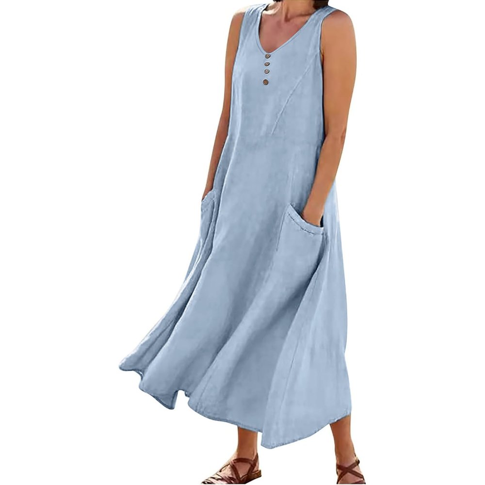 Summer Dresses for Women 2024 Linen Sleeveless Dress Baggy Flowy Maxi Dresses Plus Size Loose Sundress with Pockets