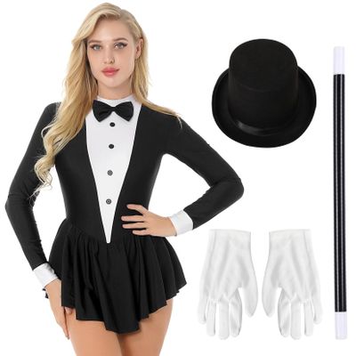 XUNZOO Womens Magician Leotard Adult Tuxedo Outfit Long Sleeve Magician Carnival Party Dancewear Black X-Large