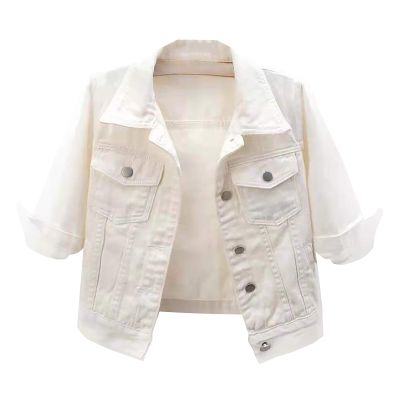 HJYUZP Women's 3/4 Sleeve Colored Cropped Denim Jacket Light Wash Jacket Women Turtleneck Hoodie Jackets (White-b, XL)