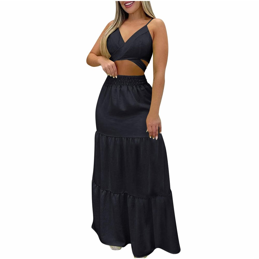 asntrgd Womens 2 Pieces Outfits Criss Cross V Neck Spaghetti Strap Camis Top High Waist Tiered Long Skirt Dress Set