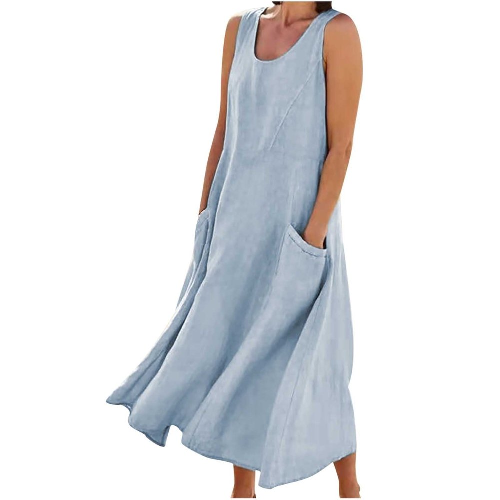 Summer Dresses for Women 2024 Linen Sleeveless Dress Baggy Flowy Maxi Dresses Plus Size Loose Sundress with Pockets