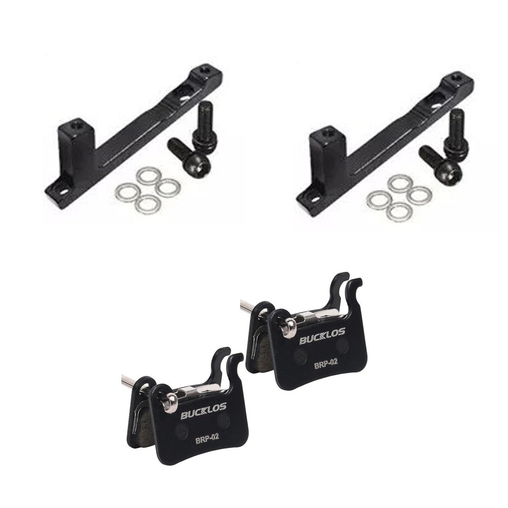 BUCKLOS PM Front Rear 180mm Black Disc Brake Caliper Mount Adapter and 2 Pair Resin Bike Disc Brake Pads Compatible with Shimano Deore XT XTR LX SLX Hone Alfine Saint Disc Brake