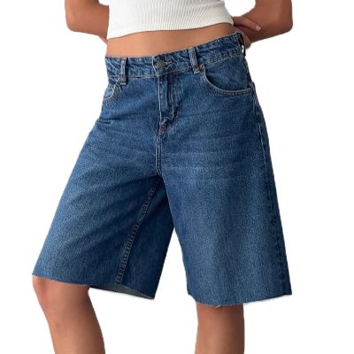 Bermuda Jean Shorts for Women Y2k Straight Leg Keen Length Baggy Long Jorts Summer Carpenter Denim Shorts(Vintage Dark Blue,Medium)