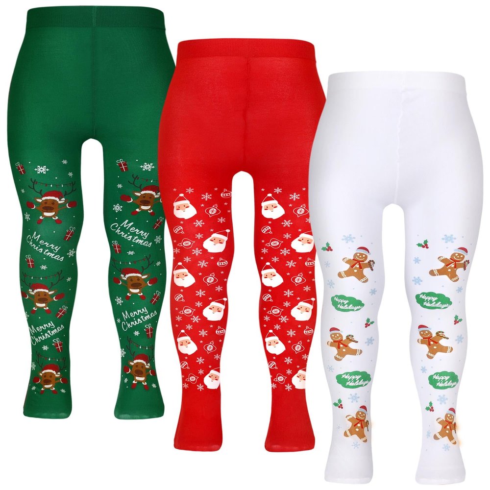 Bencailor 3 Pairs Girls Soft Pantyhose Tights for Dance Little Girls Printed Leggings Seamless Stockings Non Slip(Red Green White,5-10)