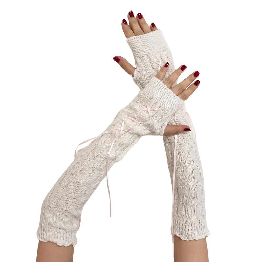DUNKOING Cute Knitted Arm Warmer Kawaii Y2K Long Arm Sleeve Japanese Harajuku Goth Fingerless Sleeve for Women Girls (White-Tie)