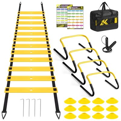 BORNEW Agility Speed Training Equipment Set, Football Practise Set with 20ft Agility Ladder, 12 Cones, 4 Adjustable Hurdles, Jump Rope, Parachute, for Basketball, Soccer, Football, Kids, Youth, Adults