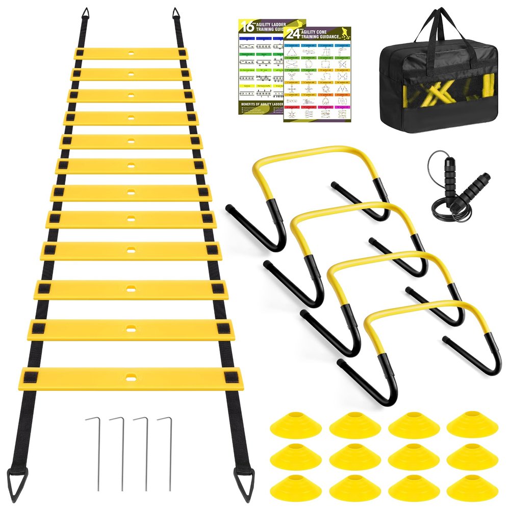 BORNEW Agility Speed Training Equipment Set, Football Practise Set with 20ft Agility Ladder, 12 Cones, 4 Adjustable Hurdles, Jump Rope, Parachute, for Basketball, Soccer, Football, Kids, Youth, Adults
