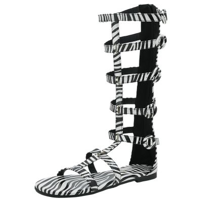 SACFOF Womens Flat Knee High Gladiator Sandals Open Toe Buckle Adjustable Strappy Zip Up Roman Sandals