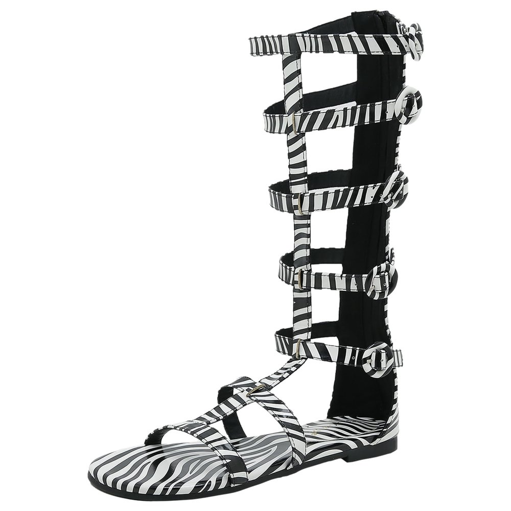 SACFOF Womens Flat Knee High Gladiator Sandals Open Toe Buckle Adjustable Strappy Zip Up Roman Sandals