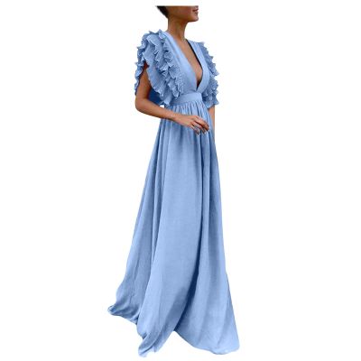 Prom Dresses For Women Wrap V Neck Long Bridesmaid Dresses Backless Formal Evening Gowns A Line Maxi Dresses Ruffle Sleeve Party Cocktail Dress Plus Size Halloween Costumes Light Blue Dresses