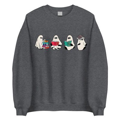MadalenStore Cute Acotar Ghost Reading Sweatshirt - Halloween Book Reader, Bookish Ghost Shirt for SJM Book Lovers L Dark Heather