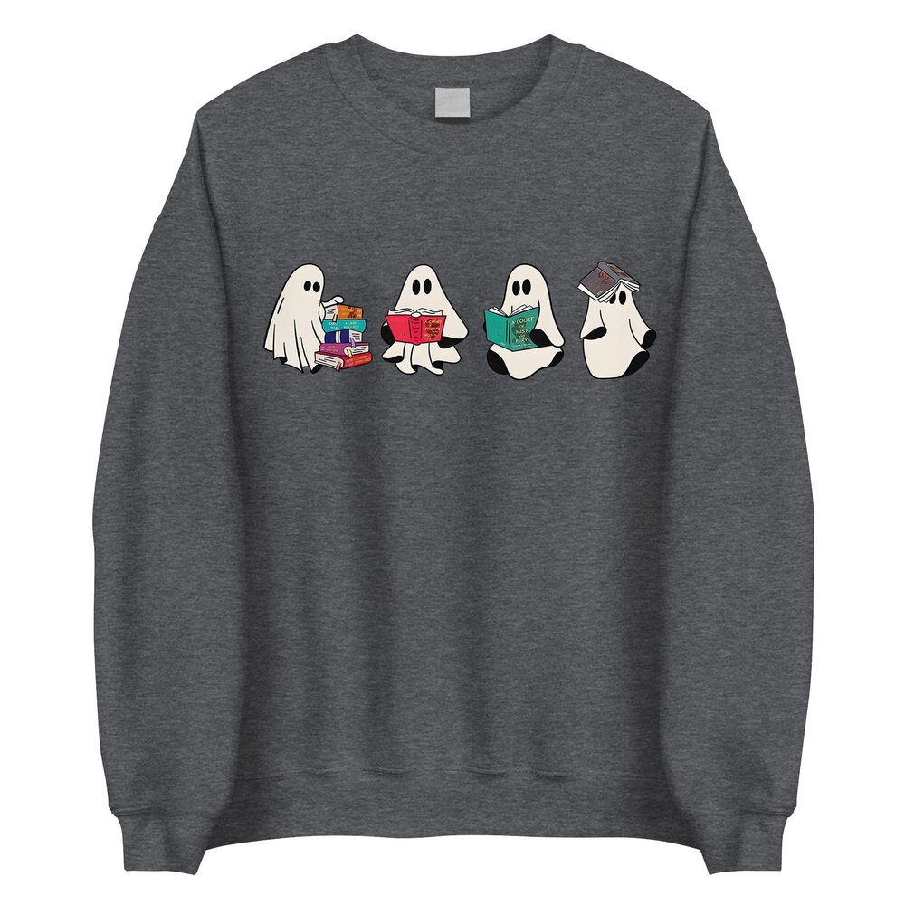 MadalenStore Cute Acotar Ghost Reading Sweatshirt - Halloween Book Reader, Bookish Ghost Shirt for SJM Book Lovers L Dark Heather