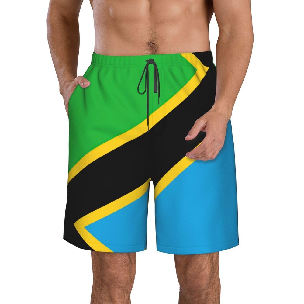 nanger Tanzania Flag Men'S Swim Trunks Quick Dry Shorts Bathing Suit with Pockets, for Beach, Summer, Sports White, Large