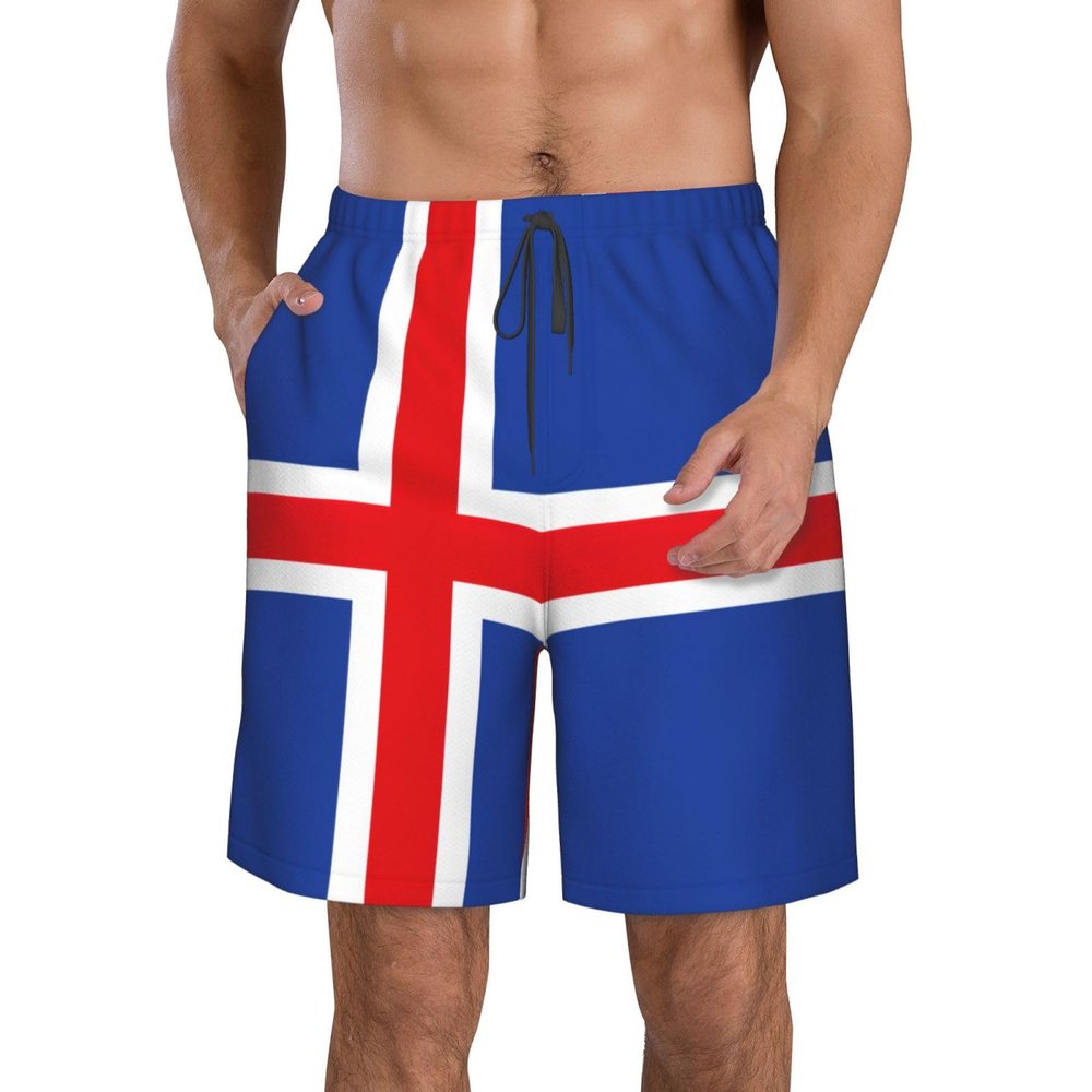 nanger Flag of Iceland Men'S Swim Trunks Quick Dry Shorts Bathing Suit with Pockets, for Beach, Summer, Sports White