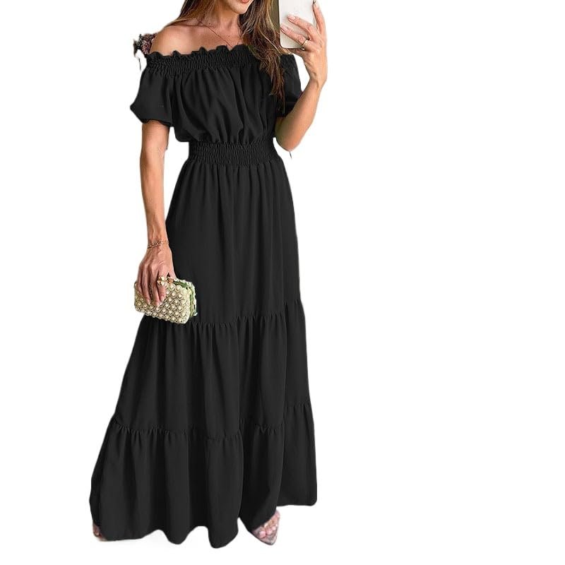 2024 One-Word Collar Summer Solid Color Slim-fit Women's Dress (Black,Large)