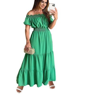 2024 One-Word Collar Summer Solid Color Slim-fit Women's Dress (Green,Small)