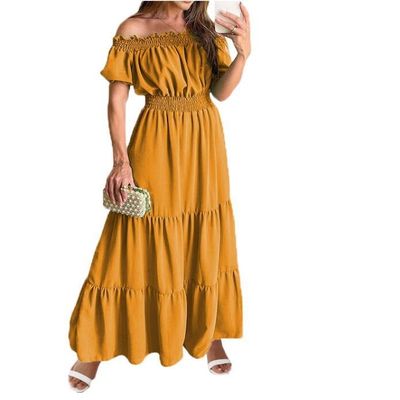 2024 One-Word Collar Summer Solid Color Slim-fit Women's Dress (Yellow,Medium)