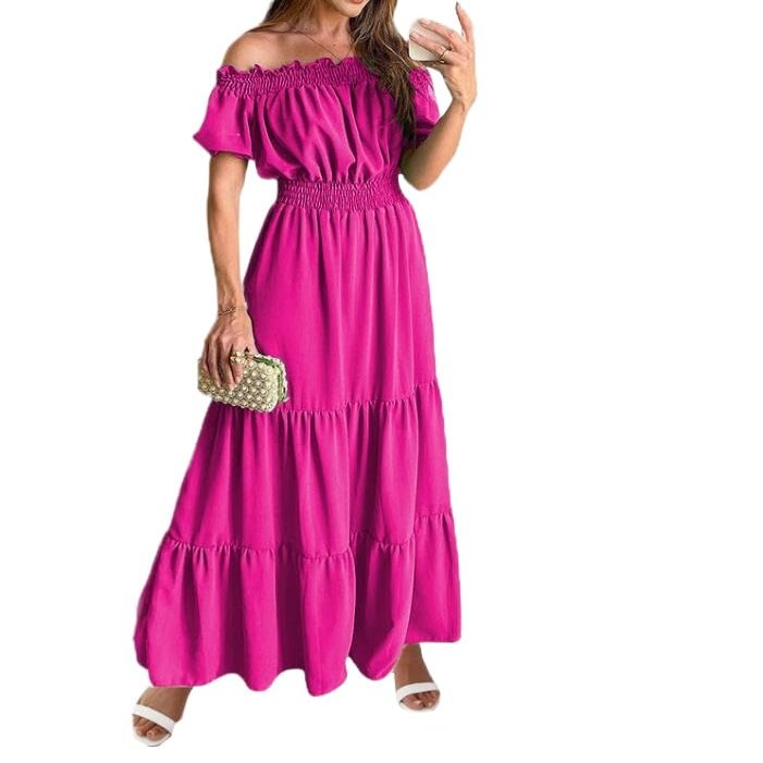 2024 One-Word Collar Summer Solid Color Slim-fit Women's Dress (Rose red,X-Large)