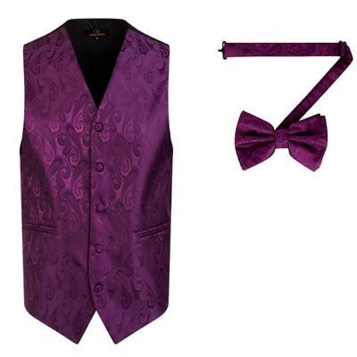 Oliver George 2pc Men's Paisley Formal Suit Vest Waistcoat Tuxedo Dress Vest Bowtie Set for Suit or Tuxedo Dark Purple Large