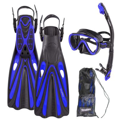 Divers Supply Sea Elite Starter Mask, Fin, and Snorkel Package Single Lens (Blue, Small/Medium)