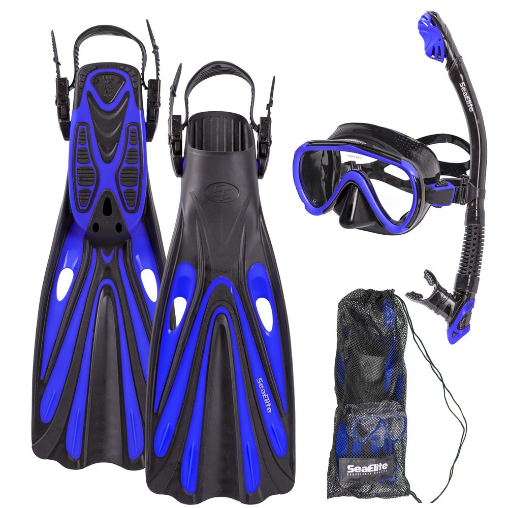 Divers Supply Sea Elite Starter Mask, Fin, and Snorkel Package Single Lens (Blue, Small/Medium)