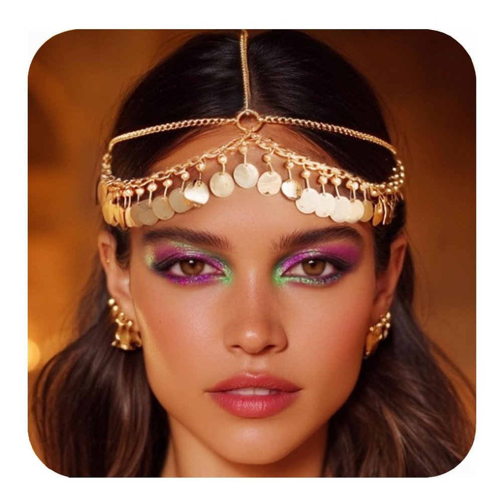CAKURE Boho Sequin Head Chain Gold Headpiece Jewelry Halloween Cleopatra Hair Accessories for Women