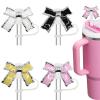 Amreich Epoxy Bow Straw Toppers for Stanley Cups -4PCs Cute Straw Cover Caps Silicone Stanley Cup Accessories Compatible with 12 20 30 40 Oz Tumblers in Pink Black White Yellow with Storage Case view 1