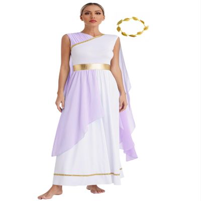 renvena Women Greek Costume Toga Costume Egyptian Chiffon Cap Sleeve Dresses with Gold Leaves Garland Headwear Lavender XX-Large
