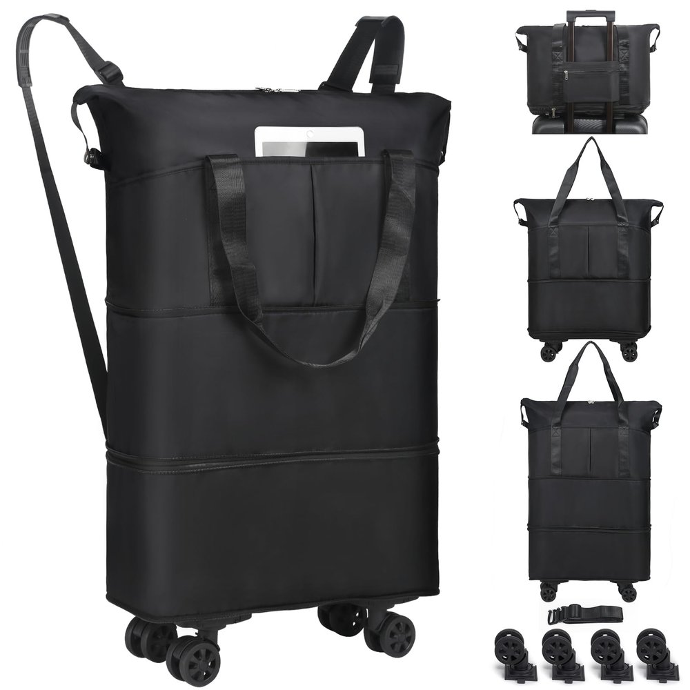 VOOWO Duffel Bag with Wheels - Rolling Foldable Expandable Duffle Bag with Wheels for Travel, Rolling Luggage Bag Carry On Travel Bag with Wheels, Large Wheeled Overnight Weekender Bag (Black)