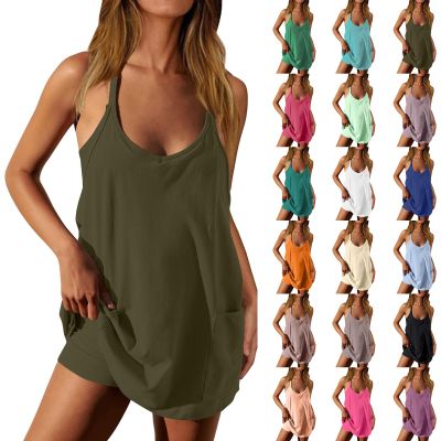 Womens Tennis Dress with Built in Shorts Casual Sleeveless Hot Shot Mini Dress Workout Spaghetti Strap Dresses Athletic Dress for Women with Shorts Underneath Sporty Womens Golf Dress Army Green