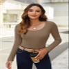 Ekouaer Women's Scoop Neck Shirts Long Sleeve Top Basic Ribbed Tee Lightweight Thermal Undershirt Slim Fit Pullover Sweater Gray XXL view 2