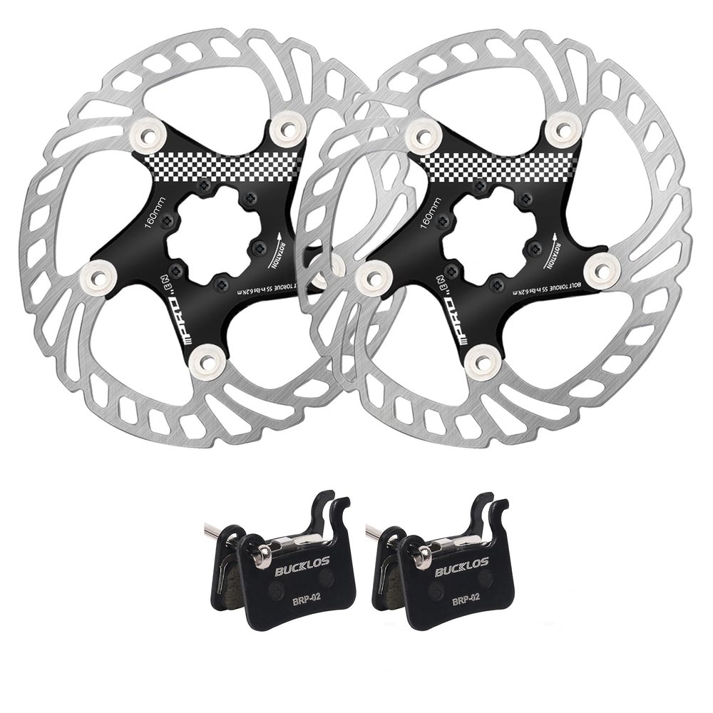BUCKLOS IIIPRO 160mm Black Floating Bike Disc Brake Rotor with 6 Bolts and 2 Pair Resin Bike Disc Brake Pads Compatible with Shimano Deore XT XTR LX SLX Hone Alfine Saint Disc Brake
