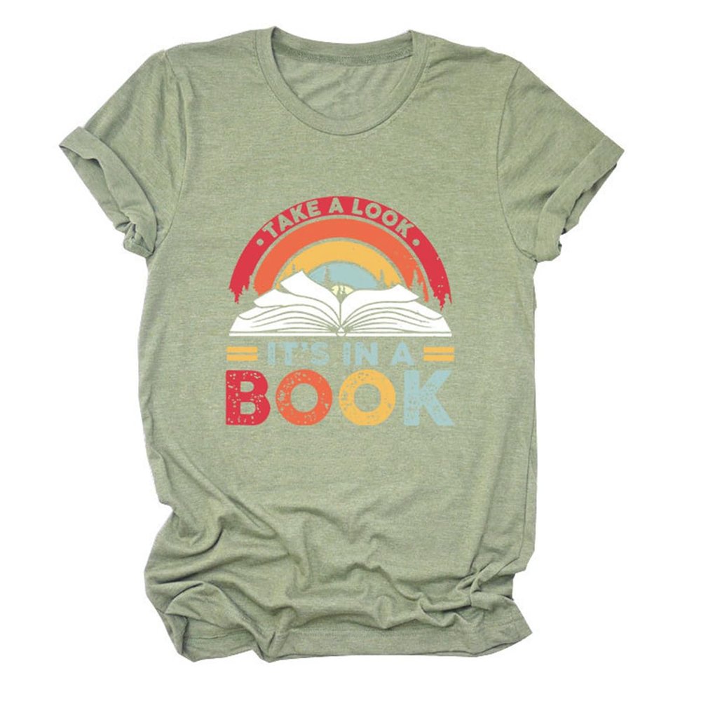ZLXBLYYMZ Womens Book Lover Shirts Summer Short Sleeve Crewneck T-Shirt Letter Printed Graphic Tees Reading Librarian Tops Olive Green, Small