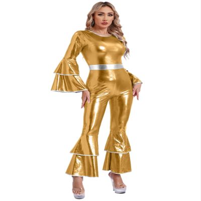 YONGHS Disco Costumes for Womens Metallic Shiny 70s Disco Jumpsuits Tiered Flare Sleeve Bell Bottoms Dancewear Gold Small