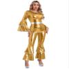 YONGHS Disco Costumes for Womens Metallic Shiny 70s Disco Jumpsuits Tiered Flare Sleeve Bell Bottoms Dancewear Gold Small view 1