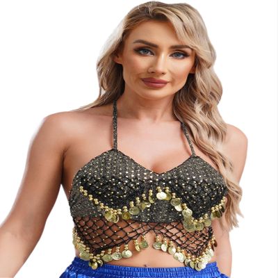 CHICTRY Womens Belly Dance Halter Bra Top Sequin Beads Crisp Tassel Lace-up Dance Crop Top Costume Black&Gold One Size