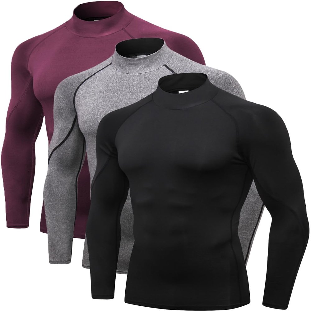 2/3 Pack Men's Compression Shirts Long Sleeve Workout Shirts Mock Turtleneck Athletic Base Layer Active Undershirts Tops