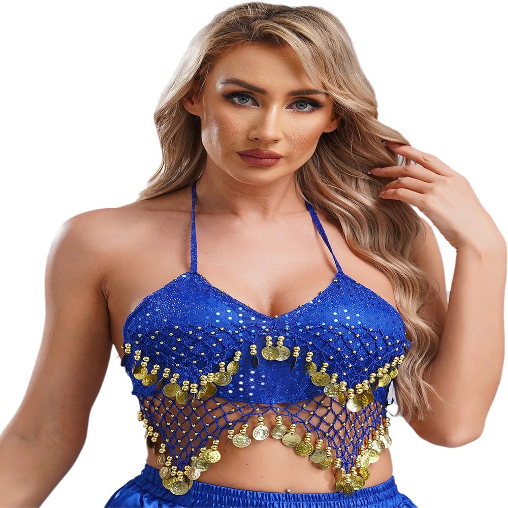 Alvivi Women's Sparkly Sequins Belly Dance Crop Tops Beading Tassels Halter Mini Bra Dance Costume Royal Blue One Size