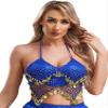 Alvivi Women's Sparkly Sequins Belly Dance Crop Tops Beading Tassels Halter Mini Bra Dance Costume Royal Blue One Size view 1
