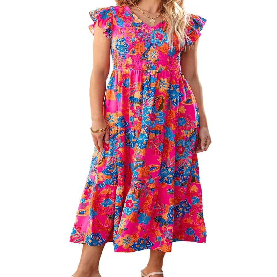 Brewee Women 2024 Summer Dress Boho Floral Sleeveless Tie Shoulder Flowy Smocked Long Beach Maxi Dress (US, Alpha, Large, Regular, Regular, Print-Red)