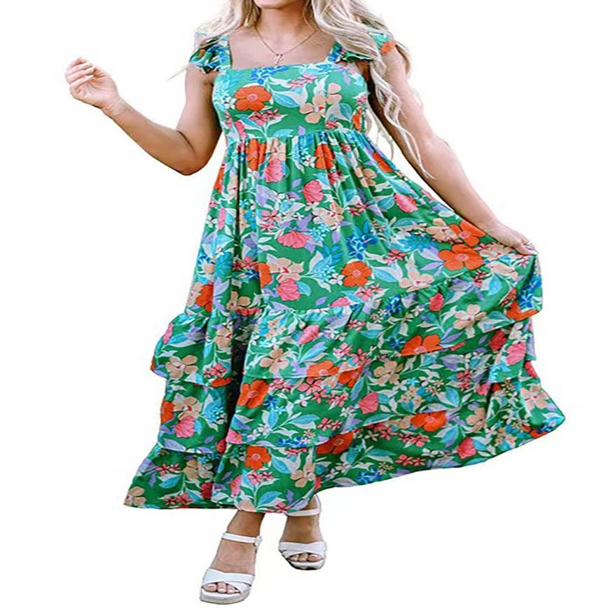 Brewee Women 2024 Summer Dress Boho Floral Sleeveless Tie Shoulder Flowy Smocked Long Beach Maxi Dress (US, Alpha, Medium, Regular, Regular, Green-Floral)