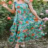 Brewee Women 2024 Summer Dress Boho Floral Sleeveless Tie Shoulder Flowy Smocked Long Beach Maxi Dress (US, Alpha, Medium, Regular, Regular, Green-Floral) view 2