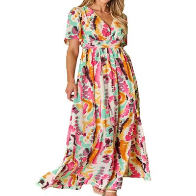 Brewee Women 2024 Summer Dress Boho Floral Sleeveless Tie Shoulder Flowy Smocked Long Beach Maxi Dress (US, Alpha, Medium, Regular, Regular, Tie-Dye)