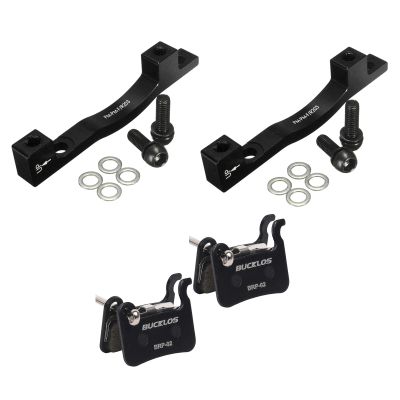 BUCKLOS PM Front Rear 203mm Black Disc Brake Caliper Mount Adapter and 2 Pair Resin Bike Disc Brake Pads Compatible with Shimano Deore XT XTR LX SLX Hone Alfine Saint Disc Brake