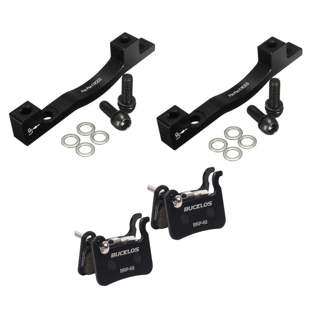 BUCKLOS PM Front Rear 203mm Black Disc Brake Caliper Mount Adapter and 2 Pair Resin Bike Disc Brake Pads Compatible with Shimano Deore XT XTR LX SLX Hone Alfine Saint Disc Brake