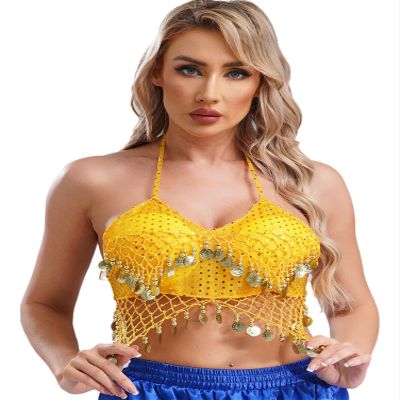 Alvivi Women's Sparkly Sequins Belly Dance Crop Tops Beading Tassels Halter Mini Bra Dance Costume Yellow One Size